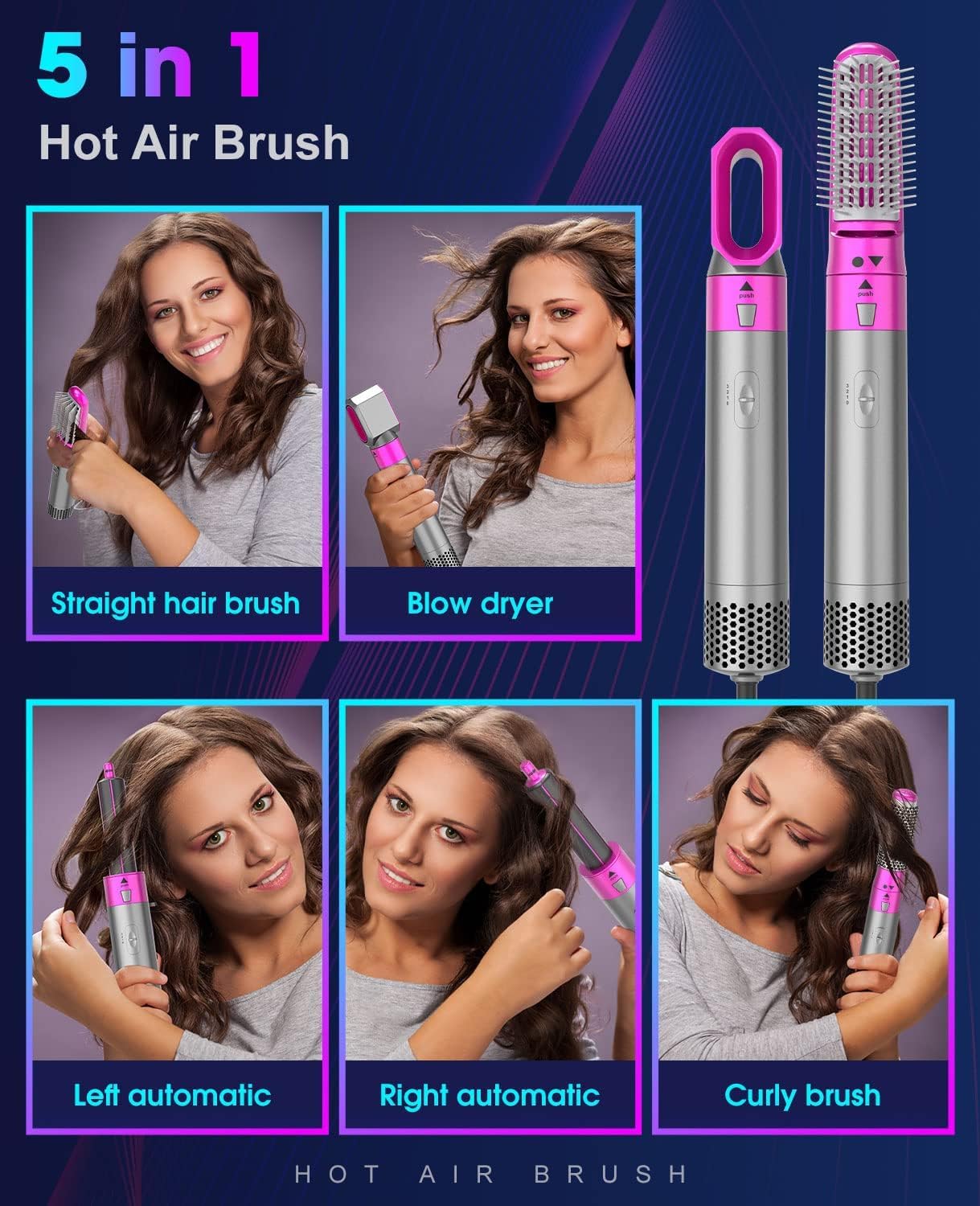 E'ehsaas 5-in-1 Multifunctional Hair Dryer Styling Tool, Detachable Multi-Head Hot Air Comb, Ion Automatic Suction Hair Curler, Hot Air Blower Styler, and Volumizer Hair Brush (Multicolor Pack of 1)