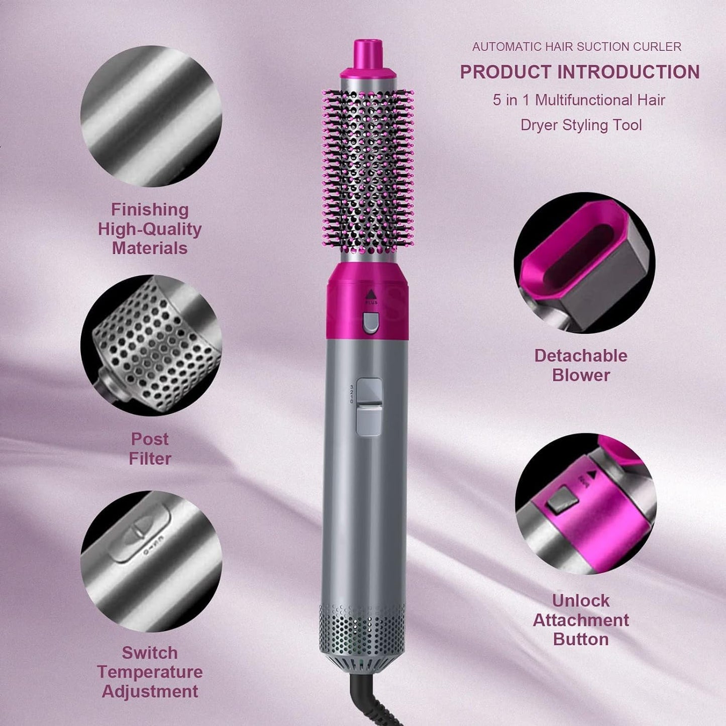 E'ehsaas 5-in-1 Multifunctional Hair Dryer Styling Tool, Detachable Multi-Head Hot Air Comb, Ion Automatic Suction Hair Curler, Hot Air Blower Styler, and Volumizer Hair Brush (Multicolor Pack of 1)