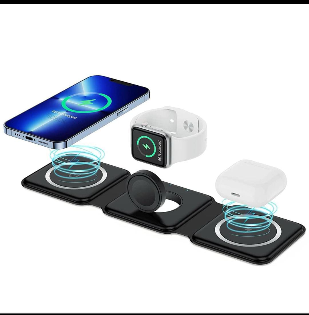 3 in 1 MagSafe Magnetic Foldable Wireless Charger for iPhone 16 to 12 Series | Compatible with AirPods 2/3/Pro | Compatible with only Apple Watch Series | 23W Charging | Wireless Charger - Pearl White