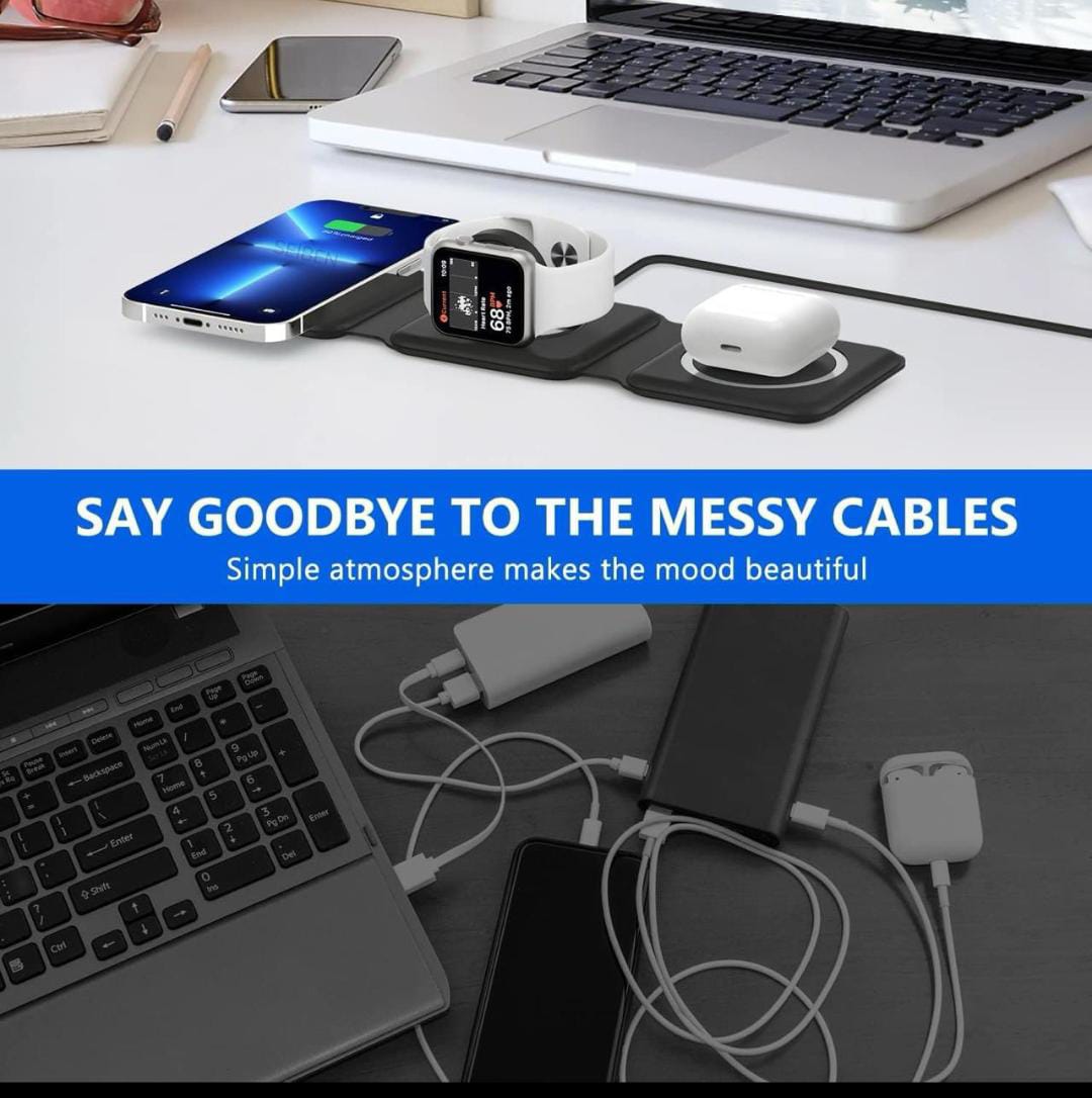 3 in 1 MagSafe Magnetic Foldable Wireless Charger for iPhone 16 to 12 Series | Compatible with AirPods 2/3/Pro | Compatible with only Apple Watch Series | 23W Charging | Wireless Charger - Pearl White
