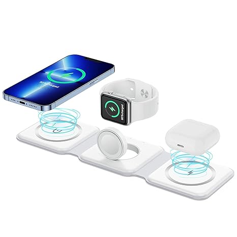 3 in 1 MagSafe Magnetic Foldable Wireless Charger for iPhone 16 to 12 Series | Compatible with AirPods 2/3/Pro | Compatible with only Apple Watch Series | 23W Charging | Wireless Charger - Pearl White