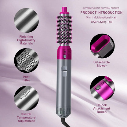 E'ehsaas 5-in-1 Multifunctional Hair Dryer Styling Tool, Detachable Multi-Head Hot Air Comb, Ion Automatic Suction Hair Curler, Hot Air Blower Styler, and Volumizer Hair Brush (Multicolor Pack of 1)
