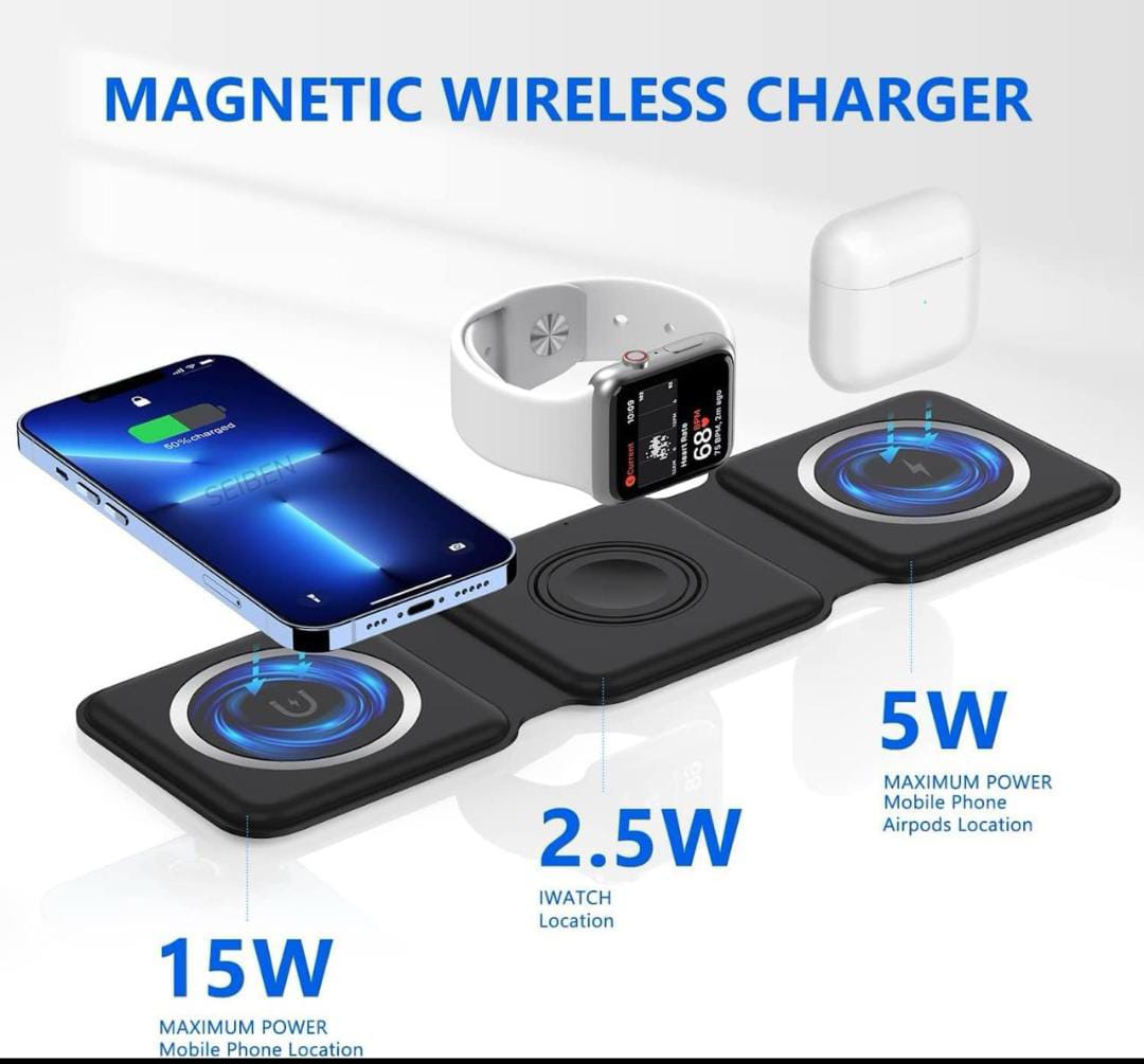 3 in 1 MagSafe Magnetic Foldable Wireless Charger for iPhone 16 to 12 Series | Compatible with AirPods 2/3/Pro | Compatible with only Apple Watch Series | 23W Charging | Wireless Charger - Pearl White